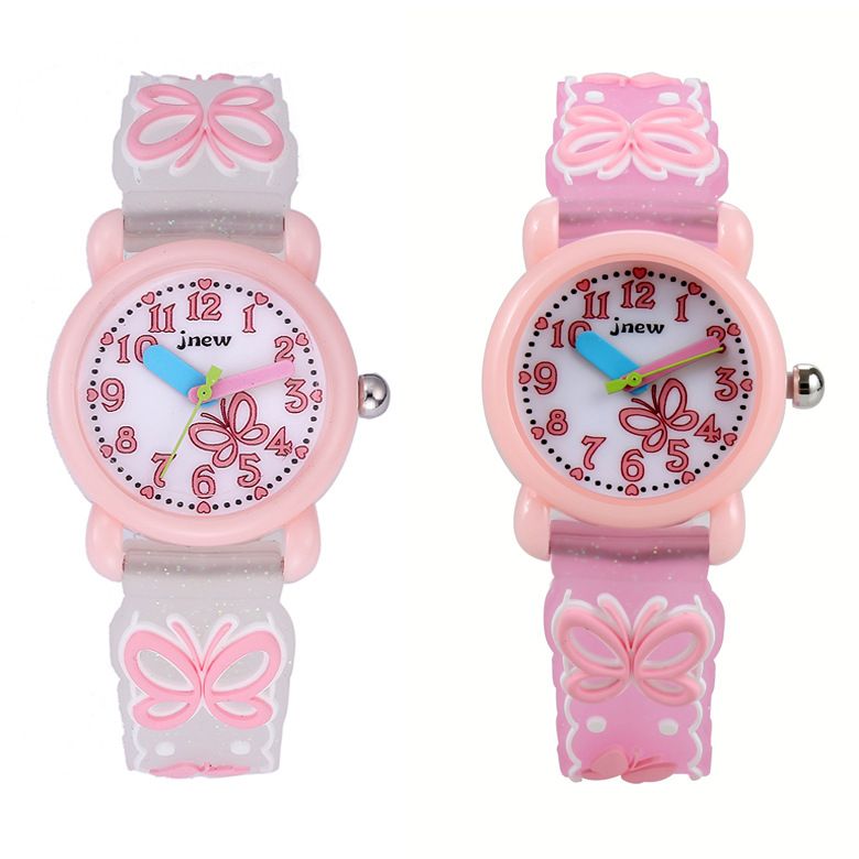 JNEW 3D Butterfly Silicone Kids Watch - Waterproof Cartoon Girls Wristwatch with Cherry Floral Dial & Glitter Strap, Cute Quartz Watch for Children