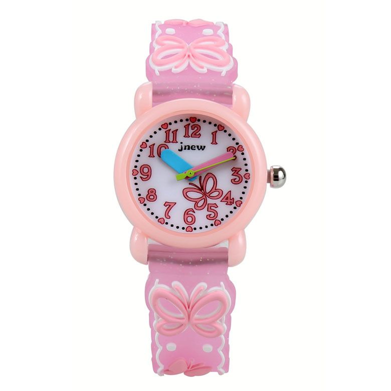 JNEW 3D Butterfly Silicone Kids Watch - Waterproof Cartoon Girls Wristwatch with Cherry Floral Dial & Glitter Strap, Cute Quartz Watch for Children