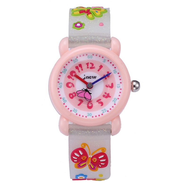 JNEW 3D Butterfly Silicone Kids Watch - Waterproof Cartoon Girls Wristwatch with Cherry Floral Dial & Glitter Strap, Cute Quartz Watch for Children