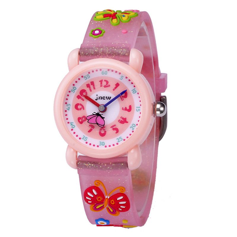JNEW 3D Butterfly Silicone Kids Watch - Waterproof Cartoon Girls Wristwatch with Cherry Floral Dial & Glitter Strap, Cute Quartz Watch for Children