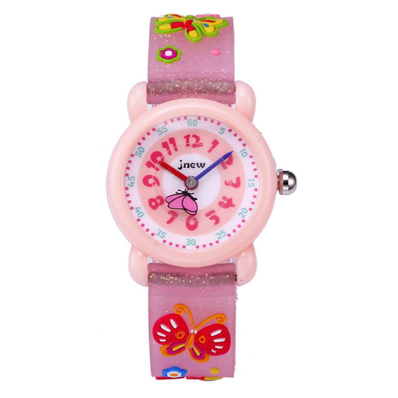 JNEW 3D Butterfly Silicone Kids Watch - Waterproof Cartoon Girls Wristwatch with Cherry Floral Dial & Glitter Strap, Cute Quartz Watch for Children