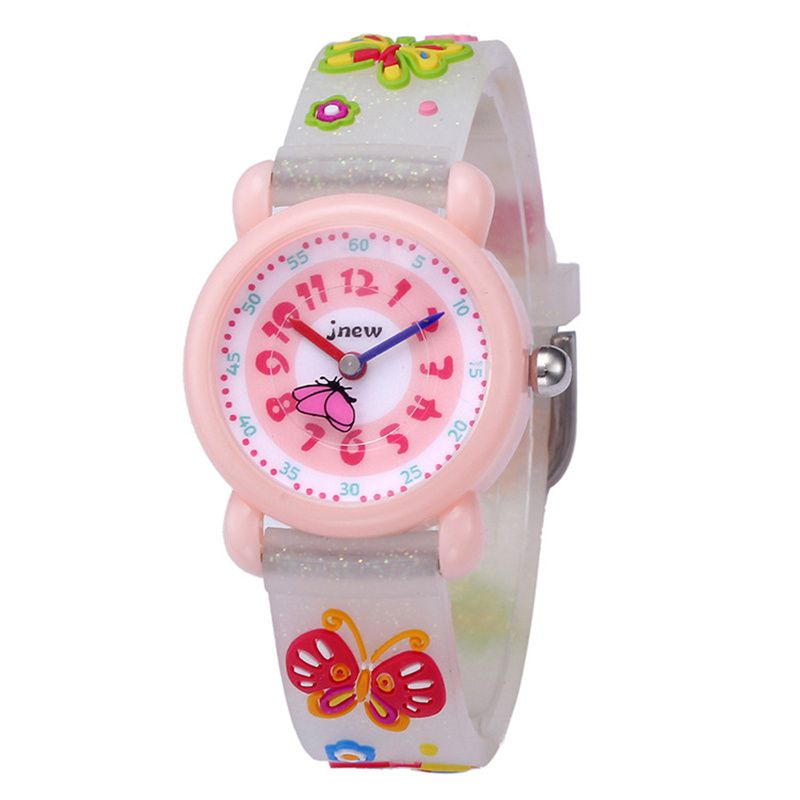JNEW 3D Butterfly Silicone Kids Watch - Waterproof Cartoon Girls Wristwatch with Cherry Floral Dial & Glitter Strap, Cute Quartz Watch for Children