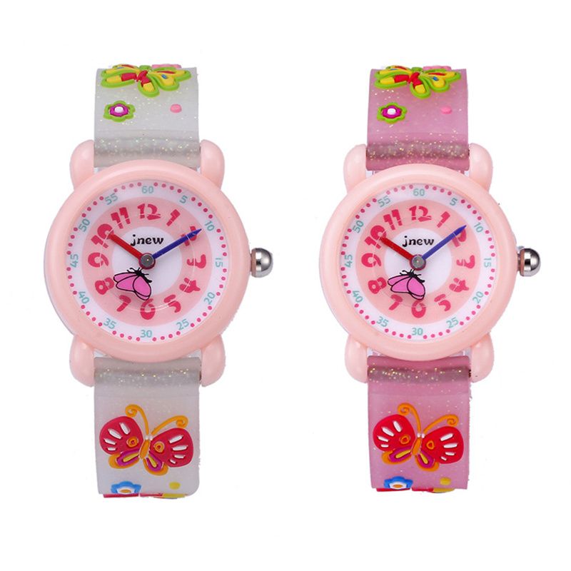 JNEW 3D Butterfly Silicone Kids Watch - Waterproof Cartoon Girls Wristwatch with Cherry Floral Dial & Glitter Strap, Cute Quartz Watch for Children