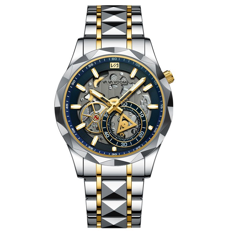 VAVA VOOM Men's Luxury Skeleton Chronograph Watch: Waterproof Stainless Steel Luminous Dial with Diamond-Cut Bezel & Dual-Tone Design - Business Casual Mechanical Style Quartz Watch