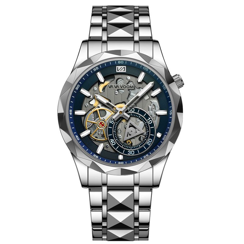 VAVA VOOM Men's Luxury Skeleton Chronograph Watch: Waterproof Stainless Steel Luminous Dial with Diamond-Cut Bezel & Dual-Tone Design - Business Casual Mechanical Style Quartz Watch