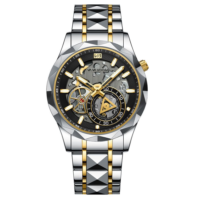 VAVA VOOM Men's Luxury Skeleton Chronograph Watch: Waterproof Stainless Steel Luminous Dial with Diamond-Cut Bezel & Dual-Tone Design - Business Casual Mechanical Style Quartz Watch
