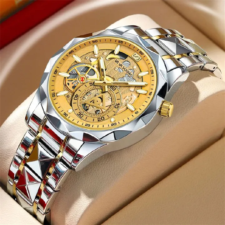 VAVA VOOM Men's Luxury Skeleton Chronograph Watch: Waterproof Stainless Steel Luminous Dial with Diamond-Cut Bezel & Dual-Tone Design - Business Casual Mechanical Style Quartz Watch