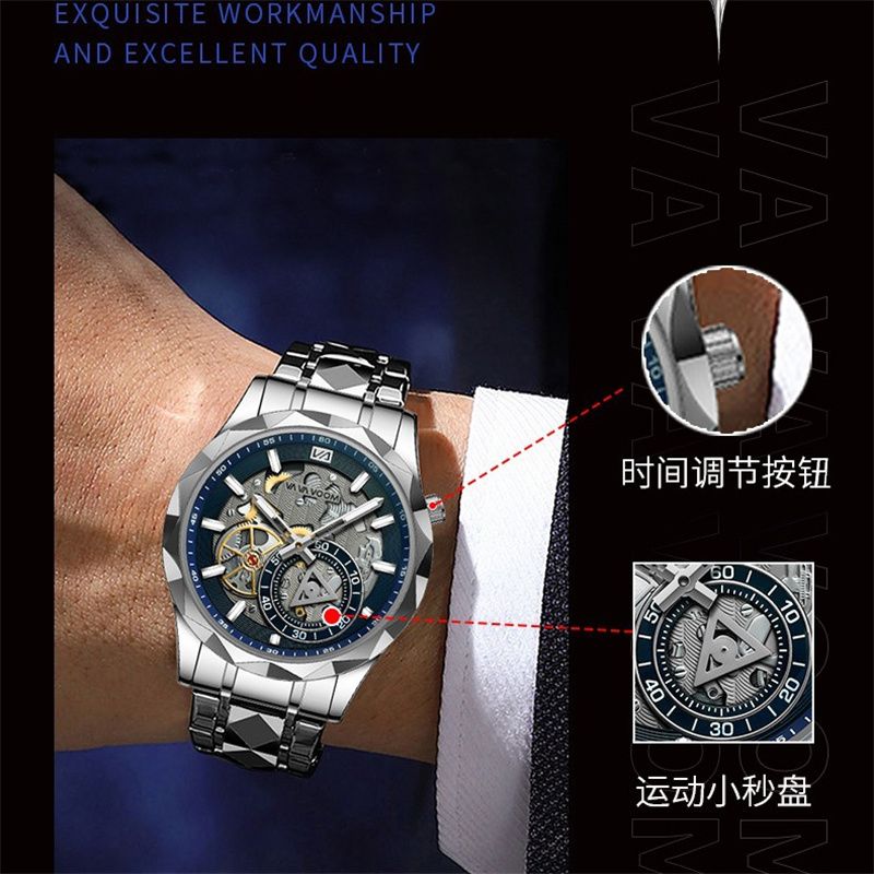 VAVA VOOM Men's Luxury Skeleton Chronograph Watch: Waterproof Stainless Steel Luminous Dial with Diamond-Cut Bezel & Dual-Tone Design - Business Casual Mechanical Style Quartz Watch