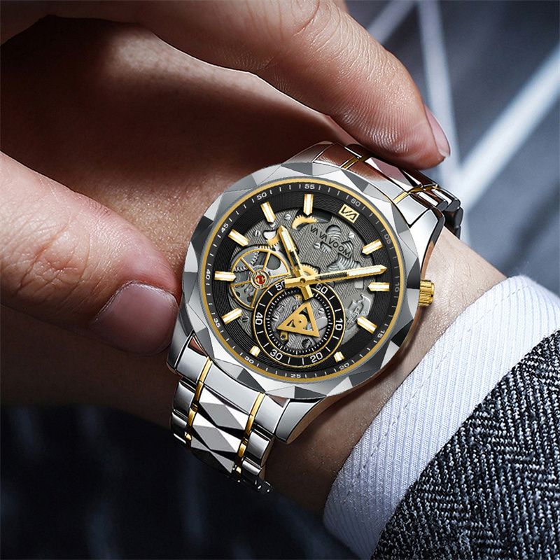 VAVA VOOM Men's Luxury Skeleton Chronograph Watch: Waterproof Stainless Steel Luminous Dial with Diamond-Cut Bezel & Dual-Tone Design - Business Casual Mechanical Style Quartz Watch