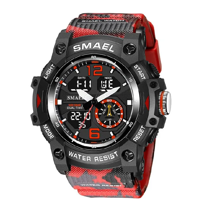 SMAEL Men's Tactical Sports Watch Camouflage Silicone Strap Dual Digital Analog Display Dual Chronograph 5BAR Waterproof Luminous Outdoor Electronic Watch