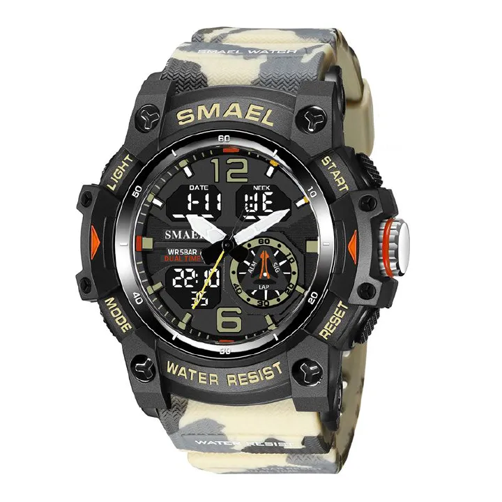 SMAEL Camouflage Tactical Men's Sports Watches - Dual Digital/Analog Display Dual Chronograph Waterproof 5BAR & Luminous Outdoor Electronic Watch