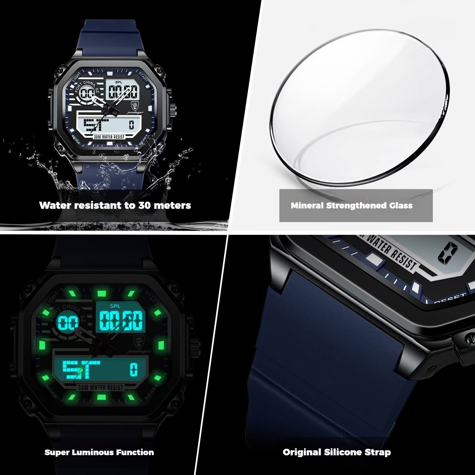 Swiss Brand High-Quality Men's Watches Waterproof Luminous Calendar Dual-Display Digital Watch Chronograph Alarm Multifunctional Electronic Sports Watch with Premium Comfortable Silicone Strap