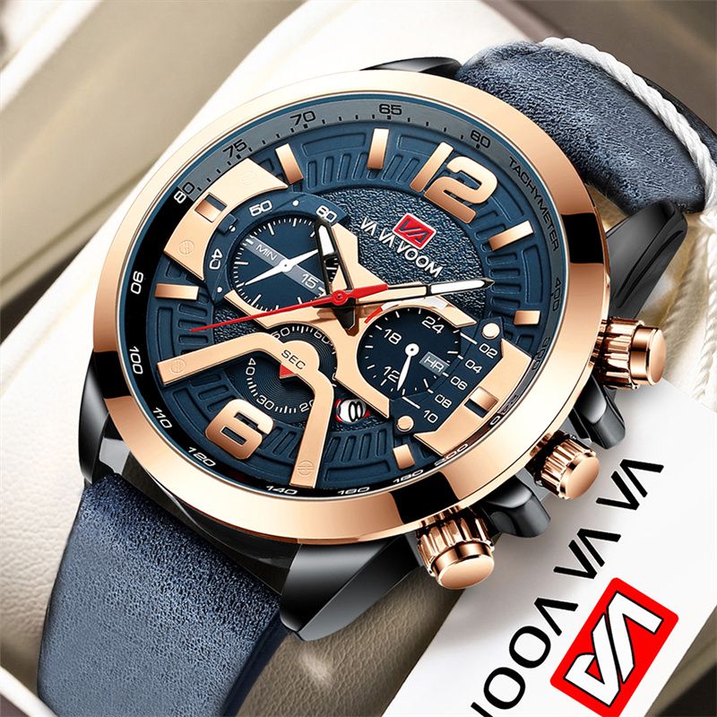 New Premium Men's Chronograph Watch Leather Strap Water Resistant Date Quartz Wristwatch Business Casual Sports Watch
