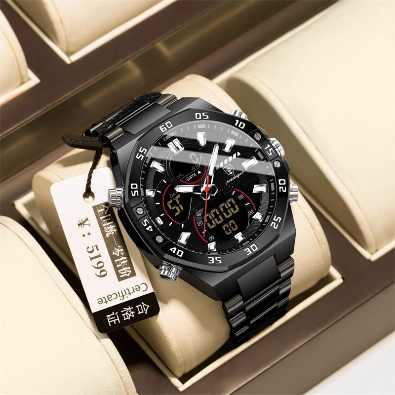 POEDAGAR Swiss Brand Men's High-Quality Stainless Steel Band Dual Display (Analog & Digital) Day & Date Display Luminous Markers Multifunctional Waterproof Sports Business Casual Men's Wristwatch