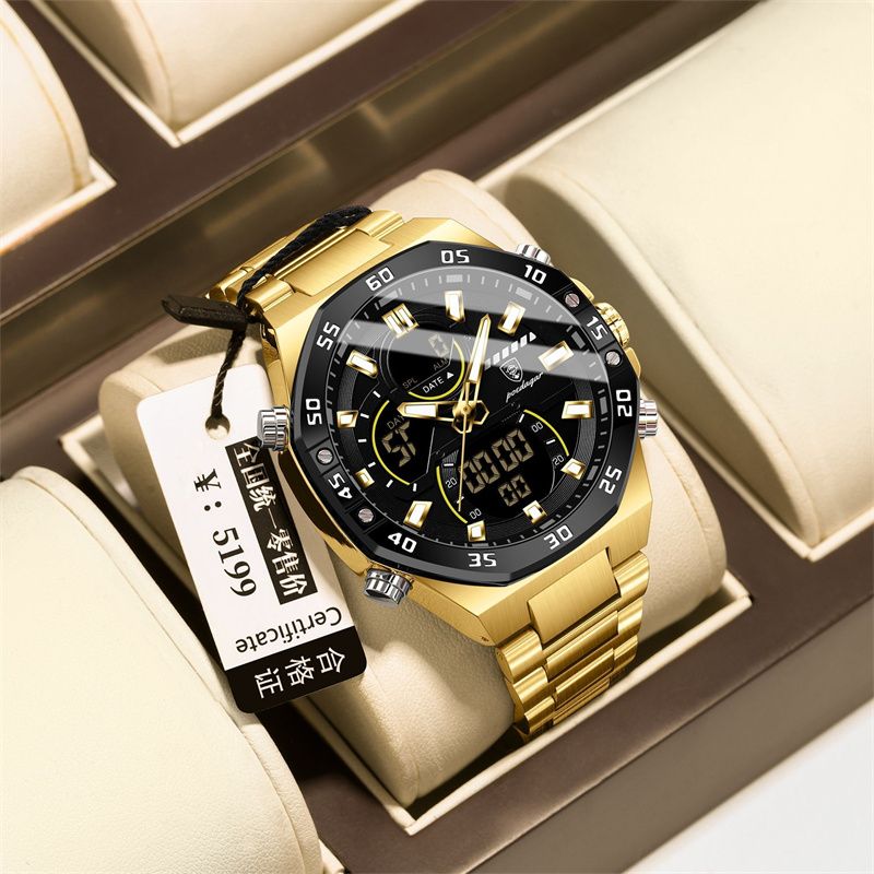 POEDAGAR Swiss Brand Men's High-Quality Stainless Steel Band Dual Display (Analog & Digital) Day & Date Display Luminous Markers Multifunctional Waterproof Sports Business Casual Men's Wristwatch