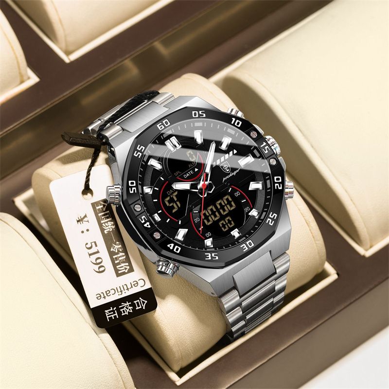 POEDAGAR Swiss Brand Men's High-Quality Stainless Steel Band Dual Display (Analog & Digital) Day & Date Display Luminous Markers Multifunctional Waterproof Sports Business Casual Men's Wristwatch