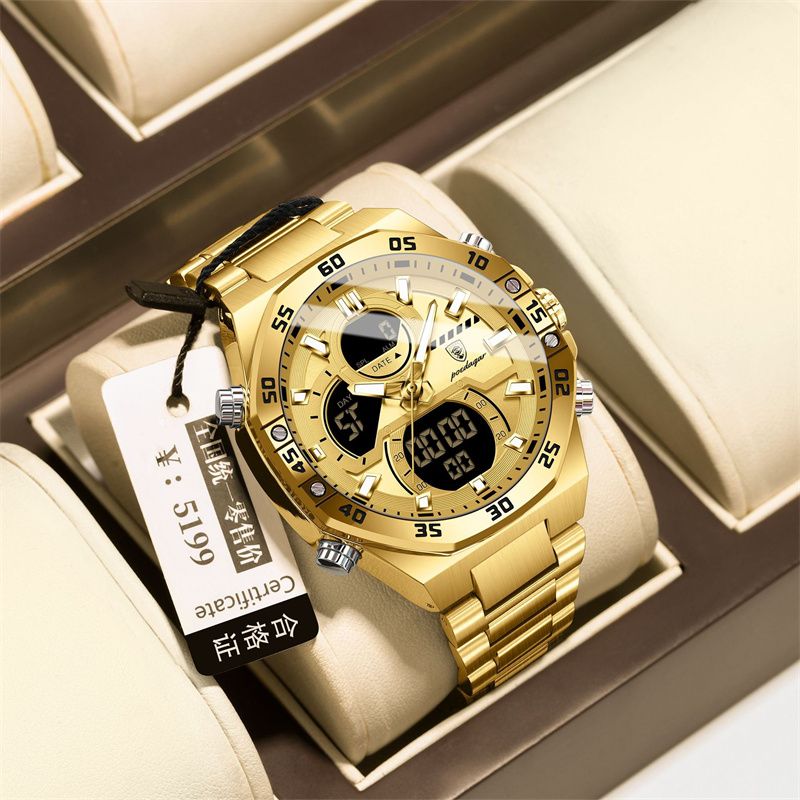 POEDAGAR Swiss Brand Men's High-Quality Stainless Steel Band Dual Display (Analog & Digital) Day & Date Display Luminous Markers Multifunctional Waterproof Sports Business Casual Men's Wristwatch