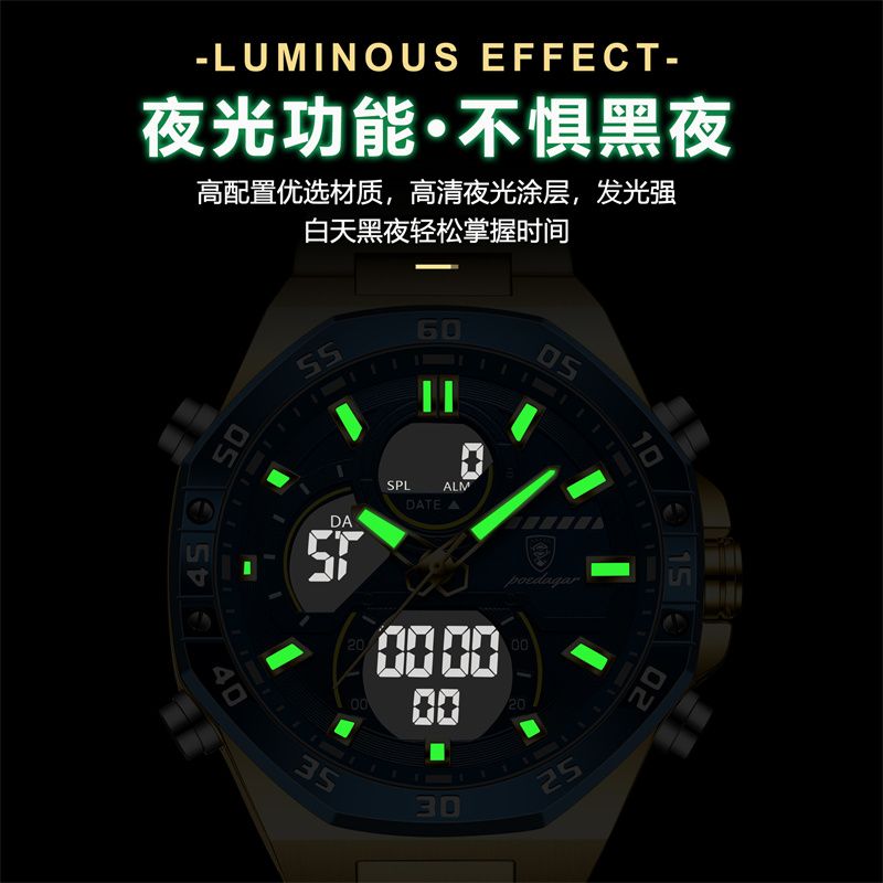 POEDAGAR Swiss Brand Men's High-Quality Stainless Steel Band Dual Display (Analog & Digital) Day & Date Display Luminous Markers Multifunctional Waterproof Sports Business Casual Men's Wristwatch