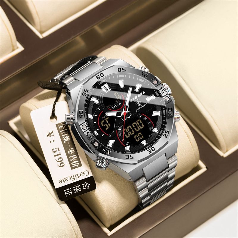 POEDAGAR Swiss Brand Men's High-Quality Stainless Steel Band Dual Display (Analog & Digital) Day & Date Display Luminous Markers Multifunctional Waterproof Sports Business Casual Men's Wristwatch