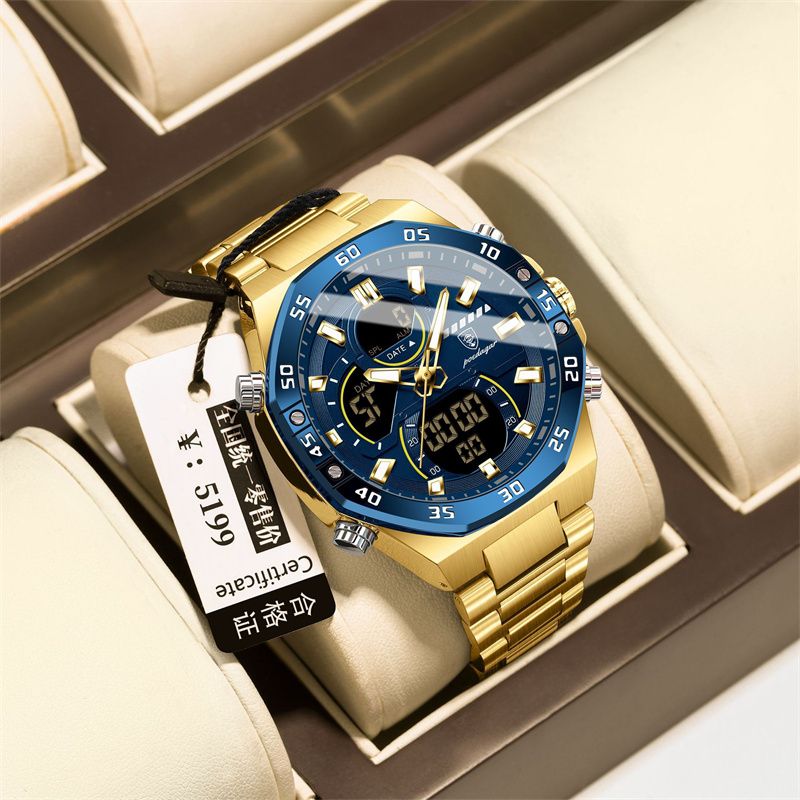POEDAGAR Swiss Brand Men's High-Quality Stainless Steel Band Dual Display (Analog & Digital) Day & Date Display Luminous Markers Multifunctional Waterproof Sports Business Casual Men's Wristwatch