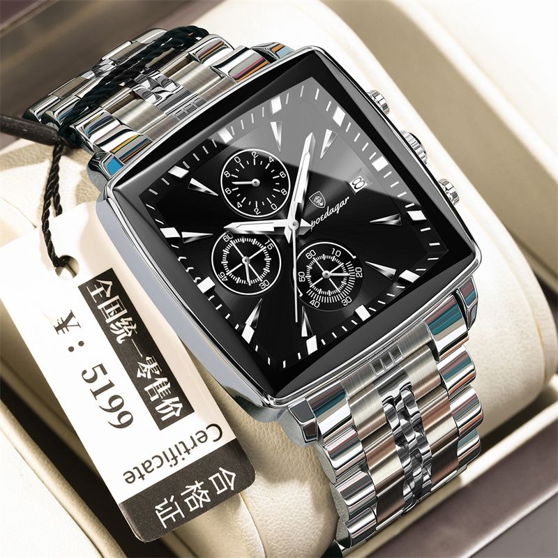 POEDAGAR Swiss Brand Square Oversized Dial Men Watches - Multifunctional Chronograph Stainless Steel Waterproof Quartz Watch - Premium Business Casual Wristwatch
