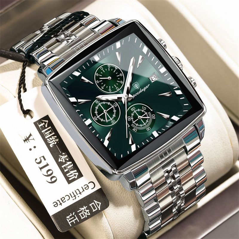 POEDAGAR Swiss Brand Square Oversized Dial Men Watches - Multifunctional Chronograph Stainless Steel Waterproof Quartz Watch - Premium Business Casual Wristwatch