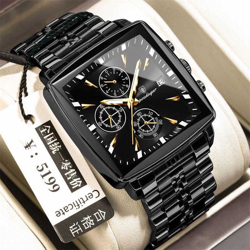POEDAGAR Swiss Brand Square Oversized Dial Men Watches - Multifunctional Chronograph Stainless Steel Waterproof Quartz Watch - Premium Business Casual Wristwatch