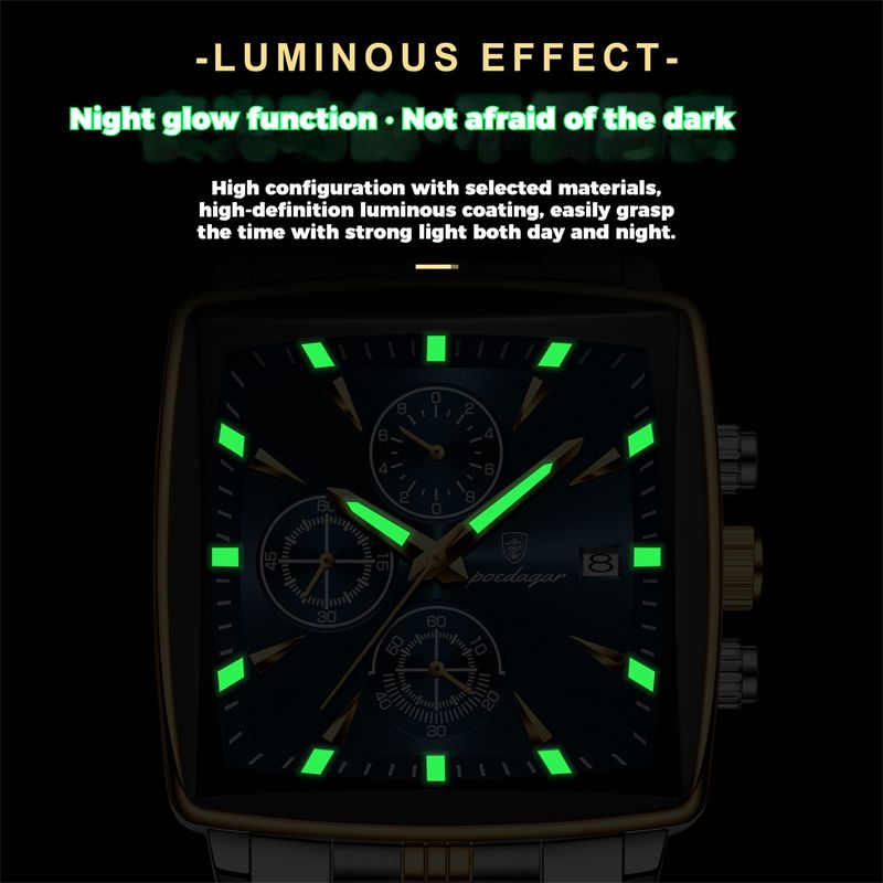 POEDAGAR Swiss Brand Square Oversized Dial Men Watches - Multifunctional Chronograph Stainless Steel Waterproof Quartz Watch - Premium Business Casual Wristwatch