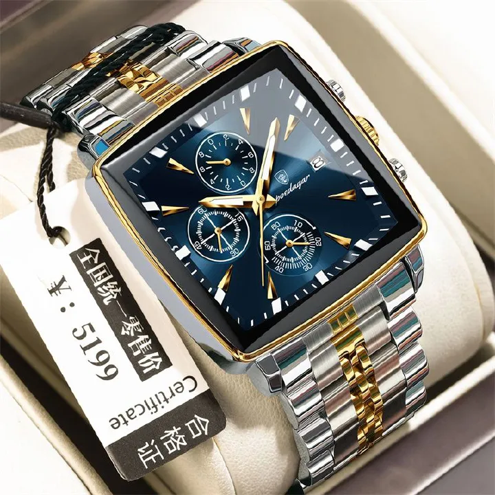 POEDAGAR Swiss Brand Square Oversized Dial Men Watches - Multifunctional Chronograph Stainless Steel Waterproof Quartz Watch - Premium Business Casual Wristwatch