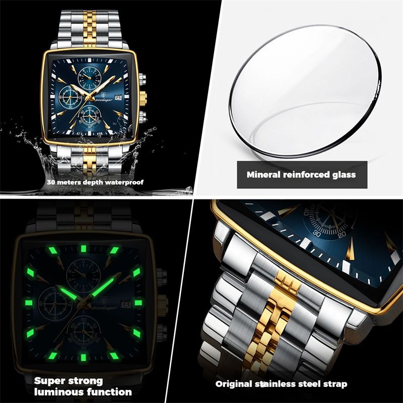 POEDAGAR Swiss Brand Square Oversized Dial Men Watches - Multifunctional Chronograph Stainless Steel Waterproof Quartz Watch - Premium Business Casual Wristwatch