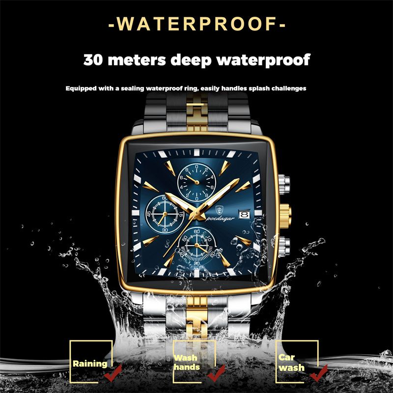 POEDAGAR Swiss Brand Square Oversized Dial Men Watches - Multifunctional Chronograph Stainless Steel Waterproof Quartz Watch - Premium Business Casual Wristwatch