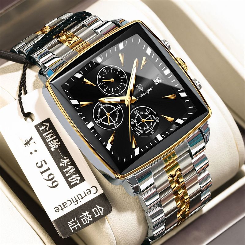 POEDAGAR Swiss Brand Square Oversized Dial Men Watches - Multifunctional Chronograph Stainless Steel Waterproof Quartz Watch - Premium Business Casual Wristwatch