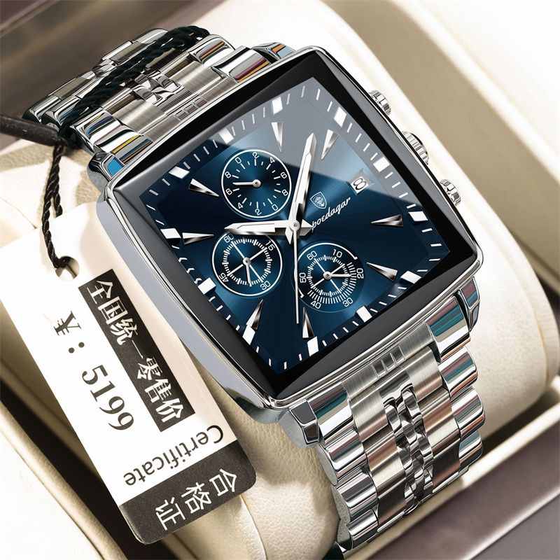POEDAGAR Swiss Brand Square Oversized Dial Men Watches - Multifunctional Chronograph Stainless Steel Waterproof Quartz Watch - Premium Business Casual Wristwatch