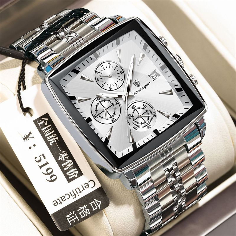 POEDAGAR Swiss Brand Square Oversized Dial Men Watches - Multifunctional Chronograph Stainless Steel Waterproof Quartz Watch - Premium Business Casual Wristwatch