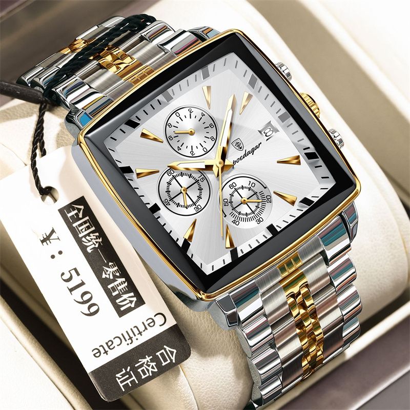 POEDAGAR Swiss Brand Square Oversized Dial Men Watches - Multifunctional Chronograph Stainless Steel Waterproof Quartz Watch - Premium Business Casual Wristwatch