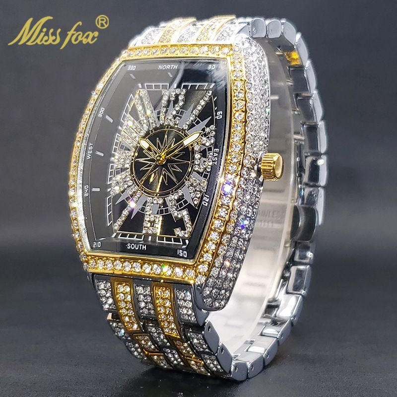 Top Luxury Diamond-Encrusted Hip-Hop Digital Men Watches - Barrel Dial Waterproof Stylish Rap Quartz Ice Watch