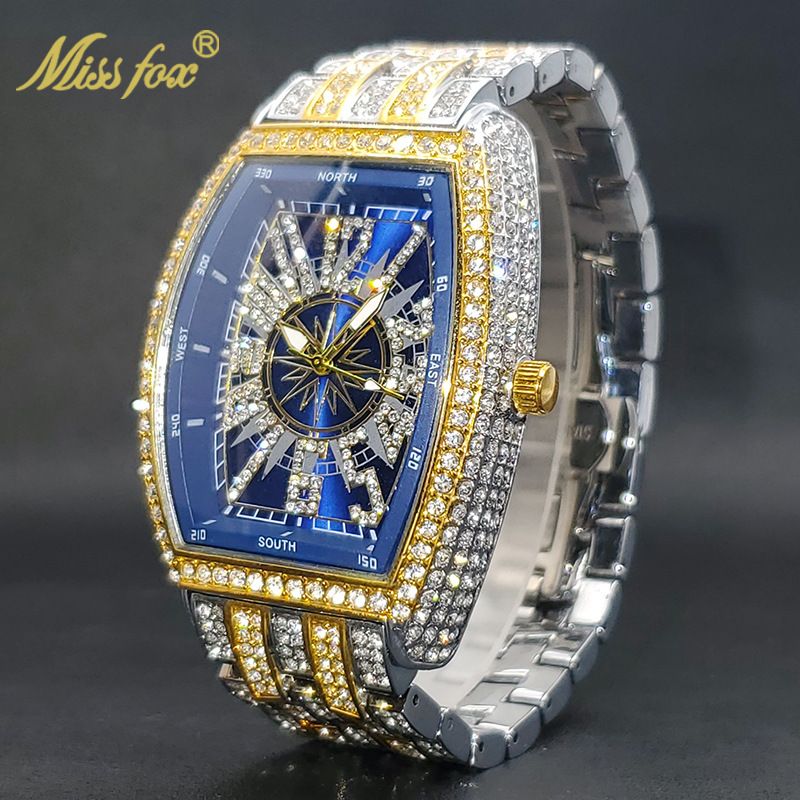 Top Luxury Diamond-Encrusted Hip-Hop Digital Men Watches - Barrel Dial Waterproof Stylish Rap Quartz Ice Watch