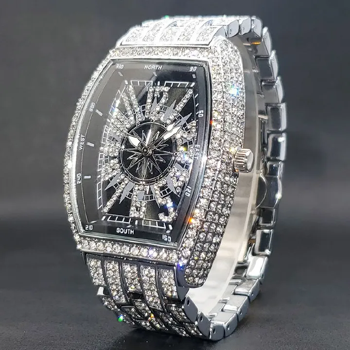 Top Luxury Diamond-Encrusted Hip-Hop Digital Men Watches - Barrel Dial Waterproof Stylish Rap Quartz Ice Watch