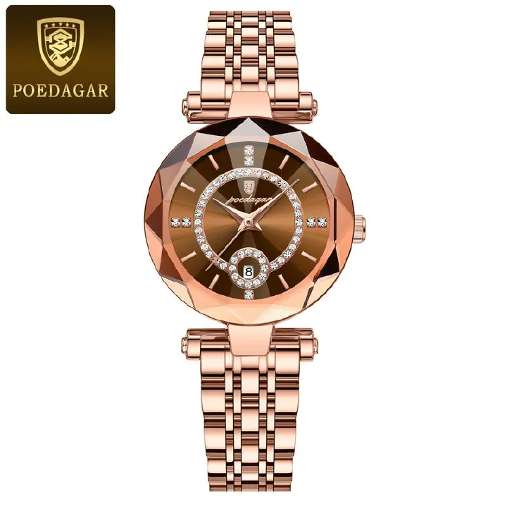 POEDAGAR Luxury Women's Rose Gold Diamond-Accented Watch Diamond-Cut Case Calendar Waterproof Stainless Steel Band Ultra-Thin Stylish Quartz Ladies Wristwatch