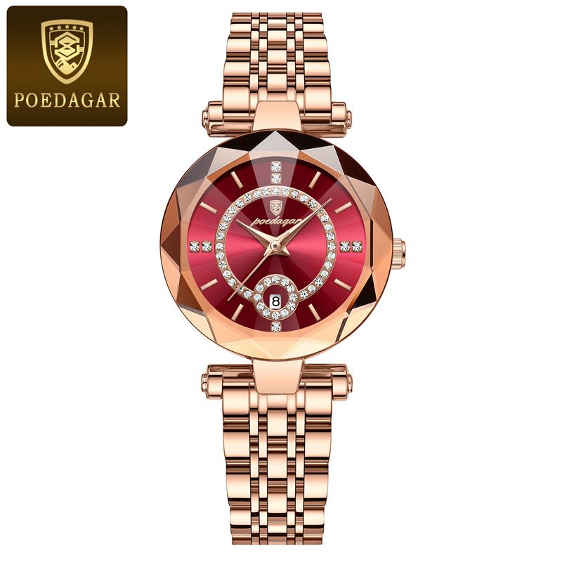 POEDAGAR Luxury Women's Rose Gold Diamond-Accented Watch Diamond-Cut Case Calendar Waterproof Stainless Steel Band Ultra-Thin Stylish Quartz Ladies Wristwatch