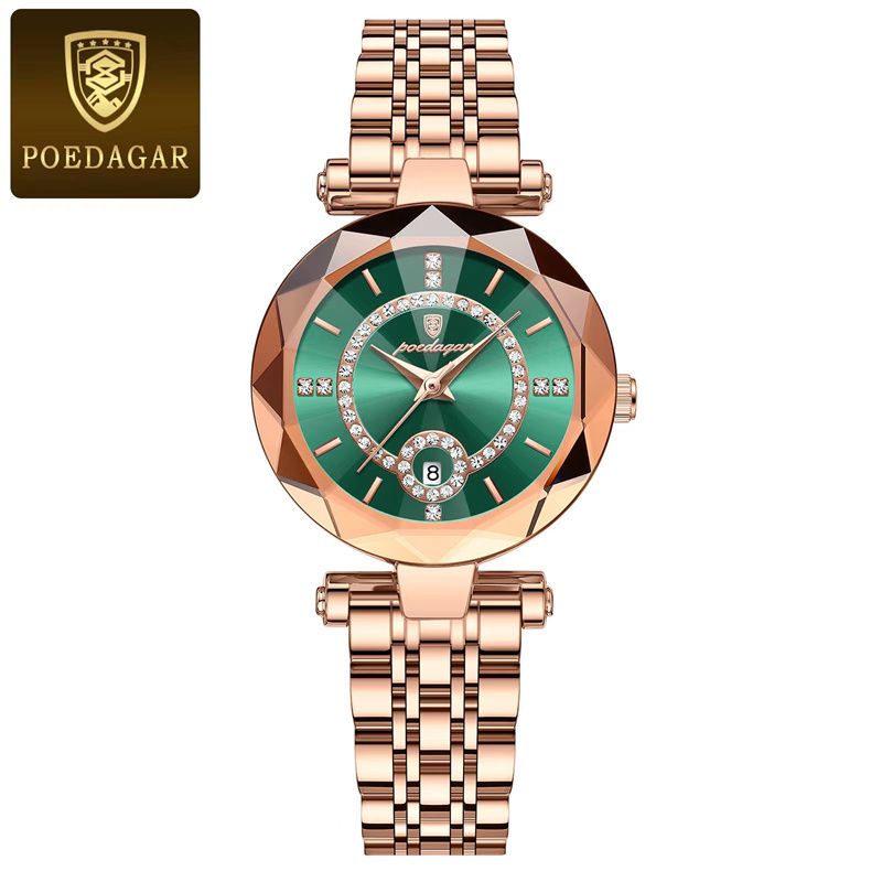 POEDAGAR Luxury Women's Rose Gold Diamond-Accented Watch Diamond-Cut Case Calendar Waterproof Stainless Steel Band Ultra-Thin Stylish Quartz Ladies Wristwatch