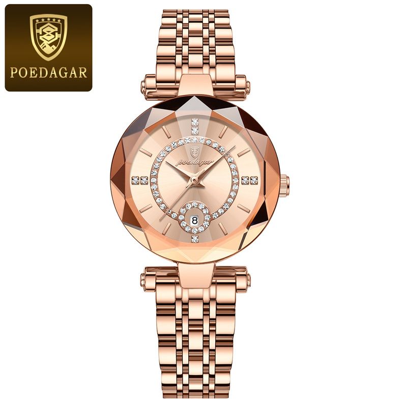 POEDAGAR Luxury Women's Rose Gold Diamond-Accented Watch Diamond-Cut Case Calendar Waterproof Stainless Steel Band Ultra-Thin Stylish Quartz Ladies Wristwatch