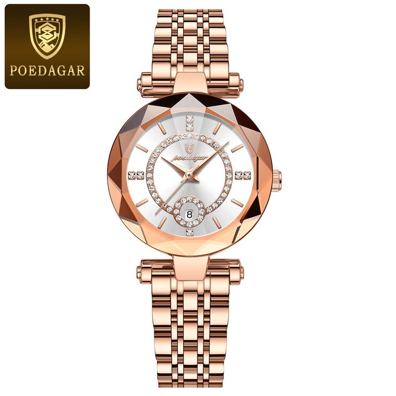 POEDAGAR Luxury Women's Rose Gold Diamond-Accented Watch Diamond-Cut Case Calendar Waterproof Stainless Steel Band Ultra-Thin Stylish Quartz Ladies Wristwatch