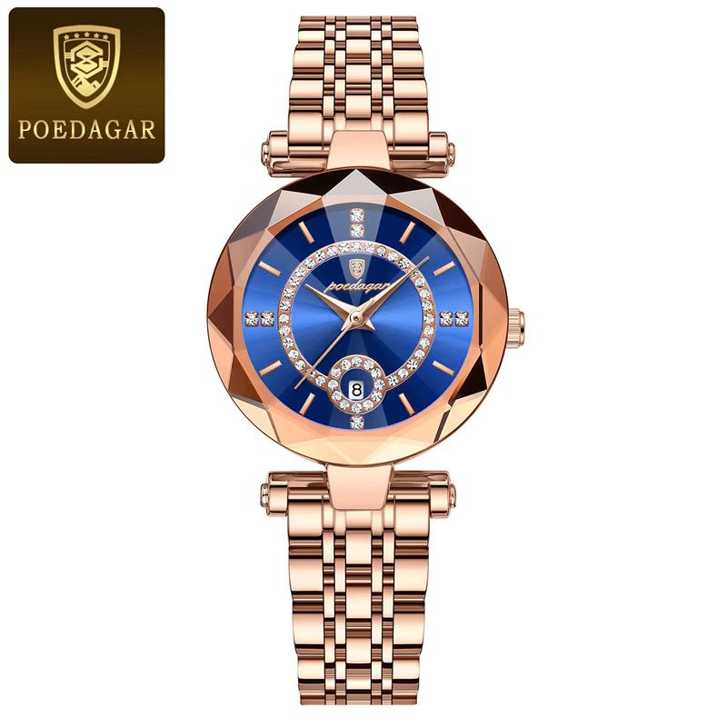 POEDAGAR Luxury Women's Rose Gold Diamond-Accented Watch Diamond-Cut Case Calendar Waterproof Stainless Steel Band Ultra-Thin Stylish Quartz Ladies Wristwatch