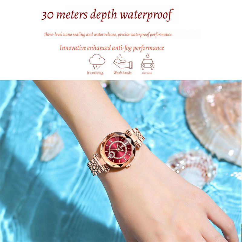 POEDAGAR Luxury Women's Rose Gold Diamond-Accented Watch Diamond-Cut Case Calendar Waterproof Stainless Steel Band Ultra-Thin Stylish Quartz Ladies Wristwatch