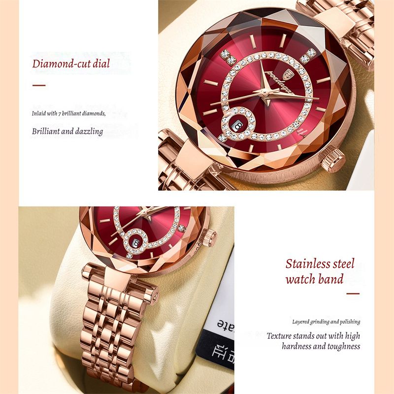 POEDAGAR Luxury Women's Rose Gold Diamond-Accented Watch Diamond-Cut Case Calendar Waterproof Stainless Steel Band Ultra-Thin Stylish Quartz Ladies Wristwatch