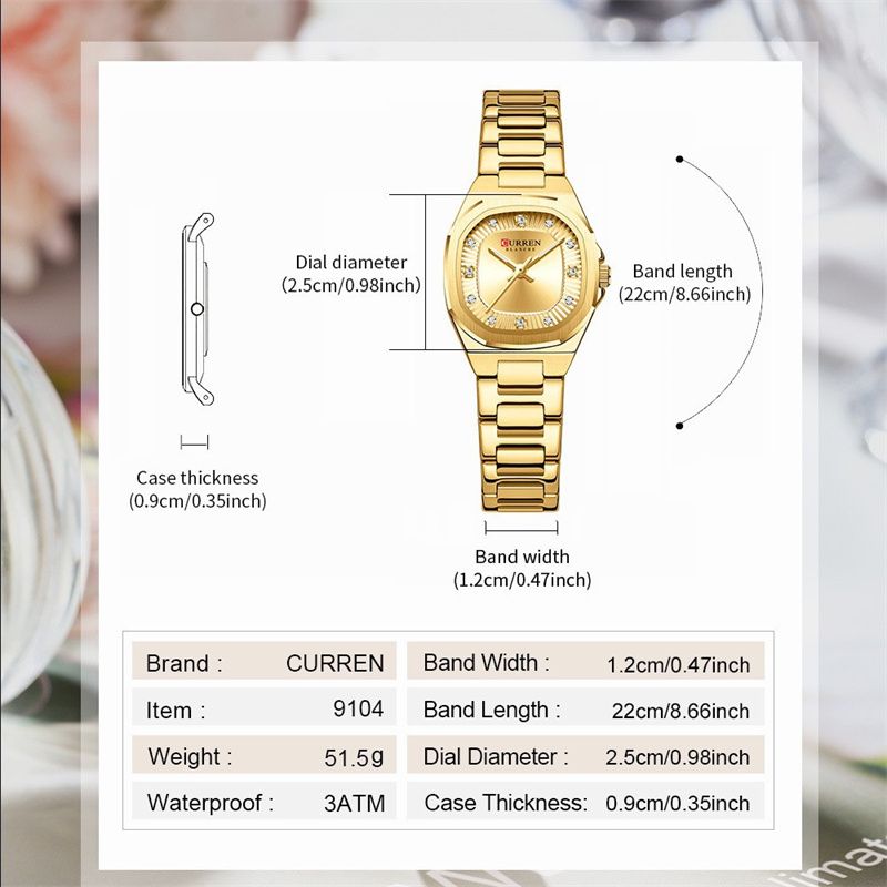 CURREN Premium Women's Watch Stylish Square Diamond-Studded Waterproof Luminous Stainless Steel Business Casual Luxury Quartz Timepiece