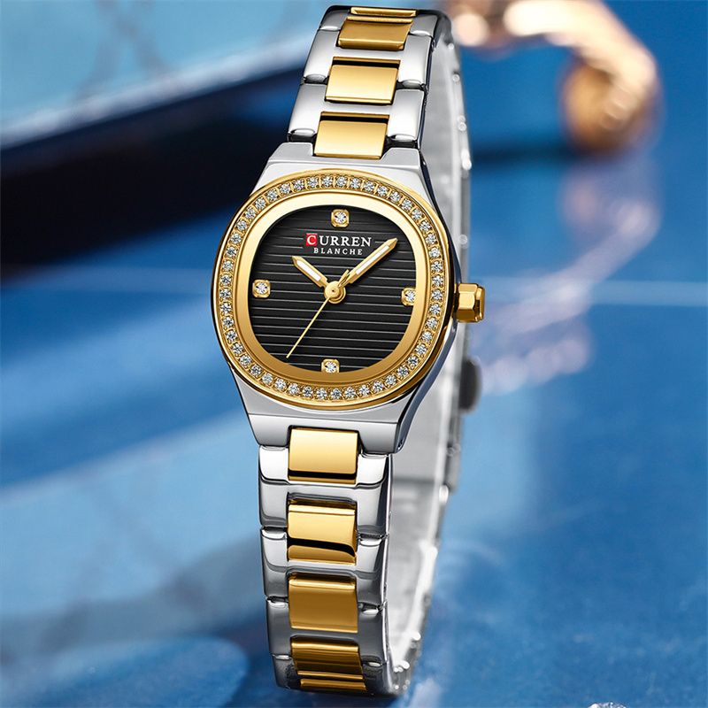 CURREN New Luxury Women's Watch: Diamond-Encrusted Small Oval Dial Stainless Steel Strap Water-Resistant Quartz Watch – Business & Casual Goddess Timepiece