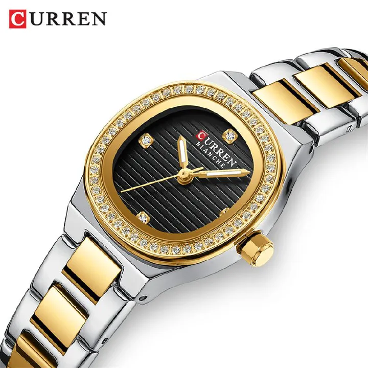 CURREN New Luxury Women's Watch: Diamond-Encrusted Small Oval Dial Stainless Steel Strap Water-Resistant Quartz Watch – Business & Casual Goddess Timepiece