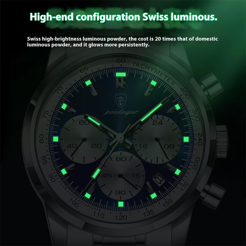 POEDAGAR Men's Quartz Watch Multifunctional Chronograph with Green Dial Luminous Waterproof Stainless Steel Strap Calendar Business Casual Wristwatch for Elite Gentlemen